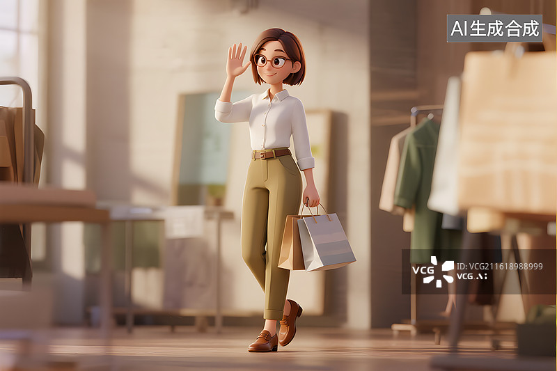 【AI数字艺术】女孩提着购物袋挥手图片素材