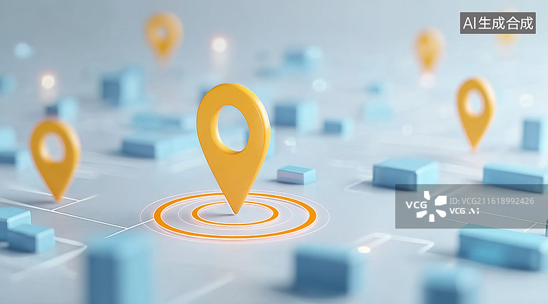 【AI数字艺术】黄色定位图标与蓝色方块构成的科技感背景图案图片素材