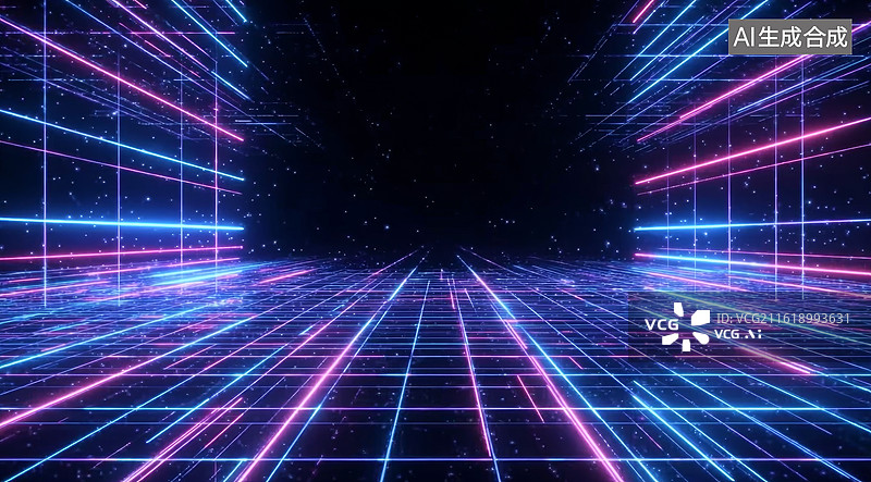 【AI数字艺术】霓虹网格构成的科幻未来感空间场景图片素材