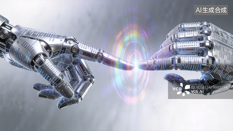 【AI数字艺术】未来科技人工智能机械手臂指尖触碰彩色色散光圈 全息投影质感数据代码前卫艺术与科技概念创意金属拉丝背景图片素材