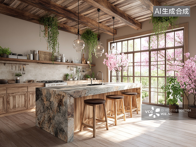【AI数字艺术】原木与大理石打造的开放式厨房，绿植与樱花窗景相映，营造温馨治愈的自然风餐厨空间图片素材