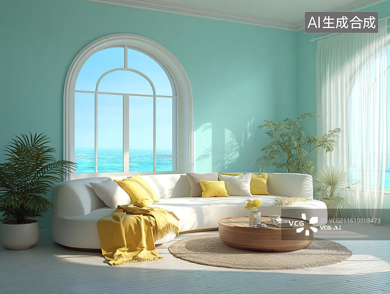 【AI数字艺术】薄荷绿海滨风客厅，弧形窗海景与黄白沙发相映，营造清新治愈的度假式居家氛围图片素材