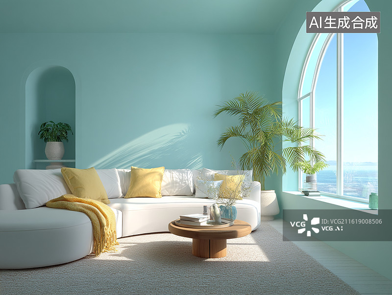【AI数字艺术】薄荷绿海滨风客厅，弧形窗海景与黄白沙发相映，营造清新治愈的度假式居家氛围图片素材