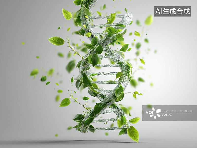 【AI数字艺术】植物形态的 DNA 双螺旋结构，诠释生物科技与自然融合的理念，营造清新治愈的科技视觉氛围图片素材