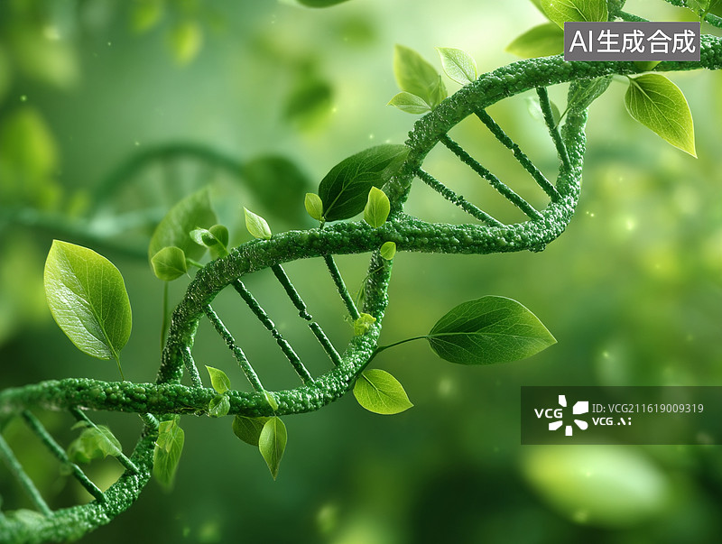 【AI数字艺术】植物形态的 DNA 双螺旋结构，诠释生物科技与自然融合的理念，营造清新治愈的科技视觉氛围图片素材