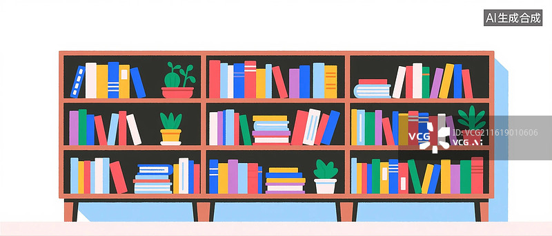 【AI数字艺术】放满图书书籍书本摆着绿植的书架书柜矢量图卡通插画图片素材