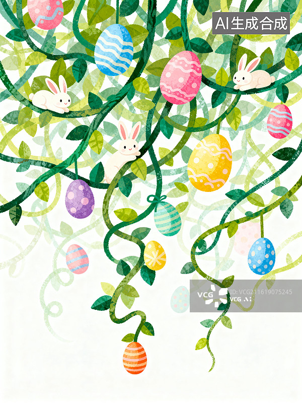 【AI数字艺术】复活节绿意：垂藤间的彩蛋与萌兔图片素材