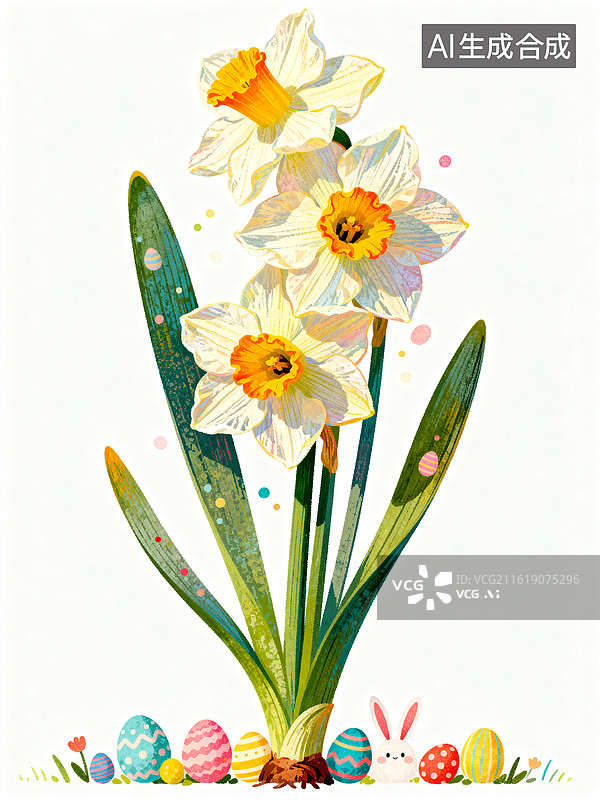 【AI数字艺术】水仙下的彩蛋萌兔图片素材