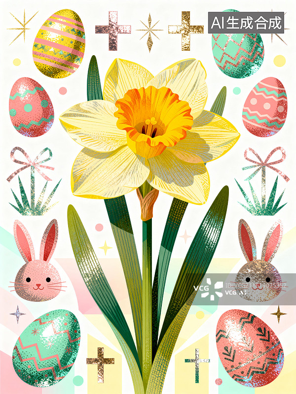 【AI数字艺术】复活节甜趣：水仙配彩蛋，蝴蝶结萌兔增萌感图片素材