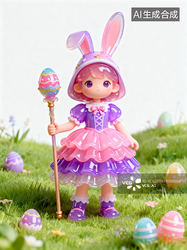 【AI数字艺术】复活节拿彩蛋魔杖的女巫 复活节3D透明风格图片素材