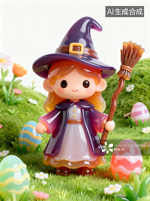 【AI数字艺术】复活节拿扫帚魔杖的女巫 复活节3D透明风格图片素材