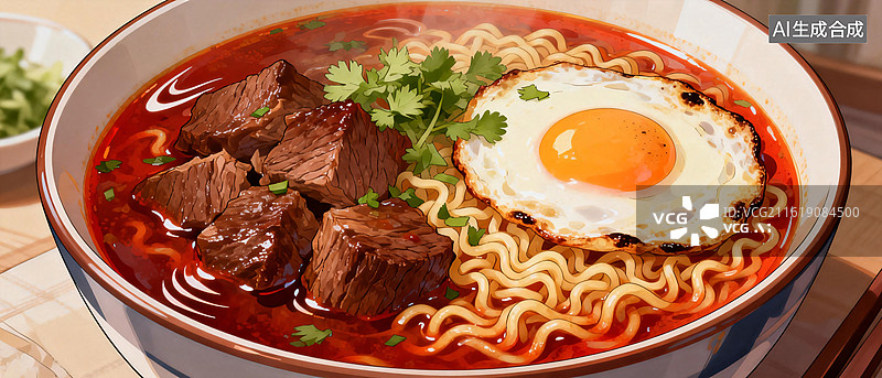 【AI数字艺术】热气腾腾的红烧牛肉面配煎蛋图片素材