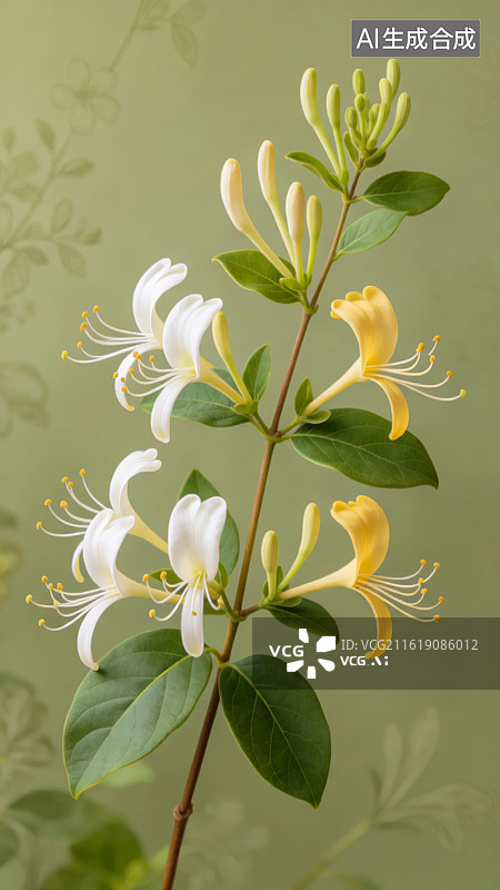 【AI数字艺术】白黄相间的金银花枝条图片素材