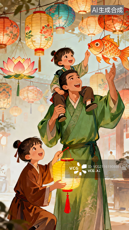 【AI数字艺术】古装家人赏灯欢乐场景图片素材