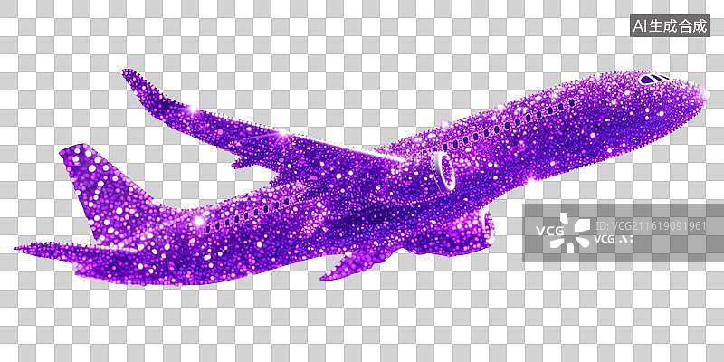 【AI数字艺术】飞机起飞抽象彩色粒子发光斑璀璨闪耀新年春节国庆节中秋节春运返乡回家复工航空公司广告免抠元素透明无背景图片素材