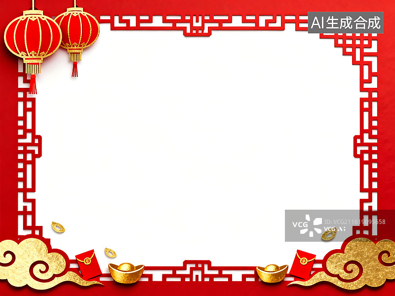 【AI数字艺术】2026 马年新春边框素材：红金回纹衬灯笼元宝红包的国风画面图片素材