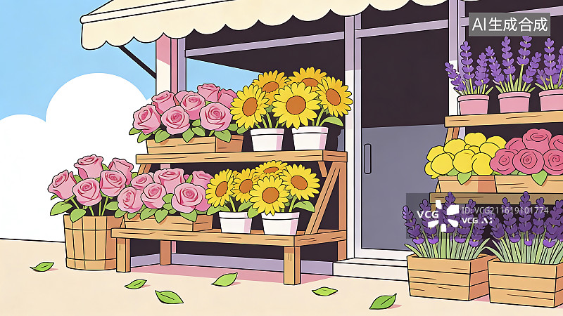 【AI数字艺术】鲜花店外的多彩花卉展示图片素材
