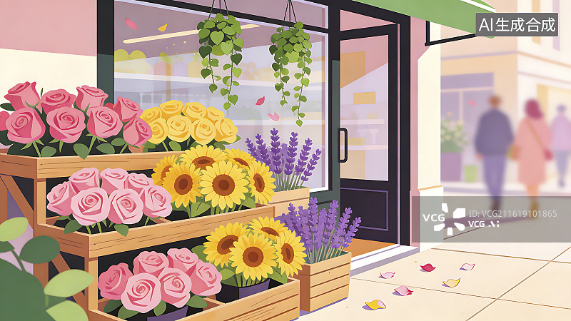 【AI数字艺术】城市街角的鲜花店铺图片素材