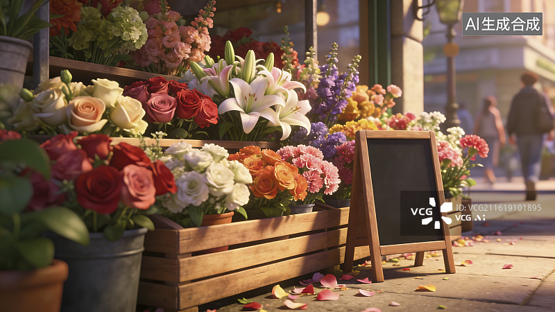 【AI数字艺术】城市街道上的多彩花卉展示图片素材