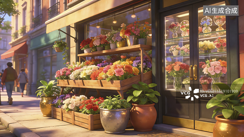 【AI数字艺术】城市街道上的多彩花店图片素材