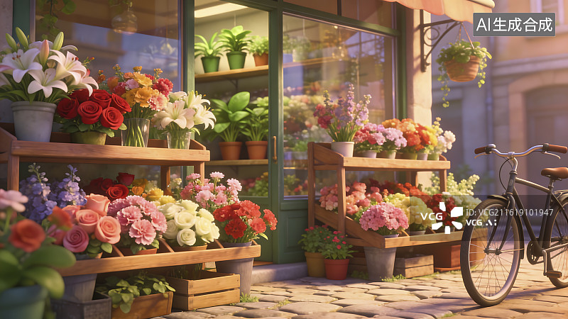【AI数字艺术】色彩缤纷的花店与复古自行车图片素材