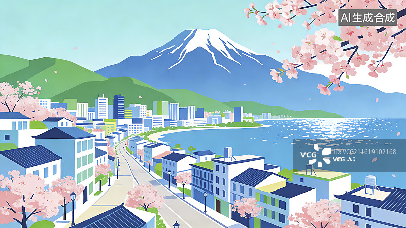 【AI数字艺术】富士山与樱花海滨城市图片素材