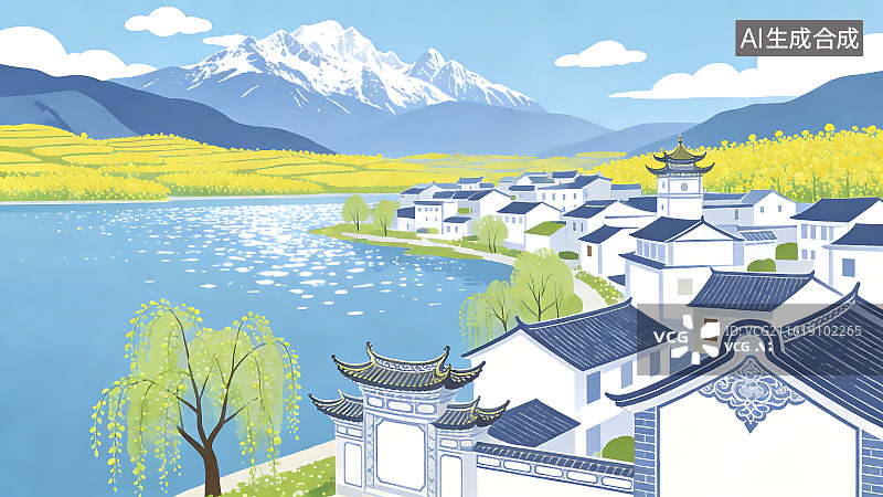 【AI数字艺术】湖畔传统村落与雪山风光图片素材