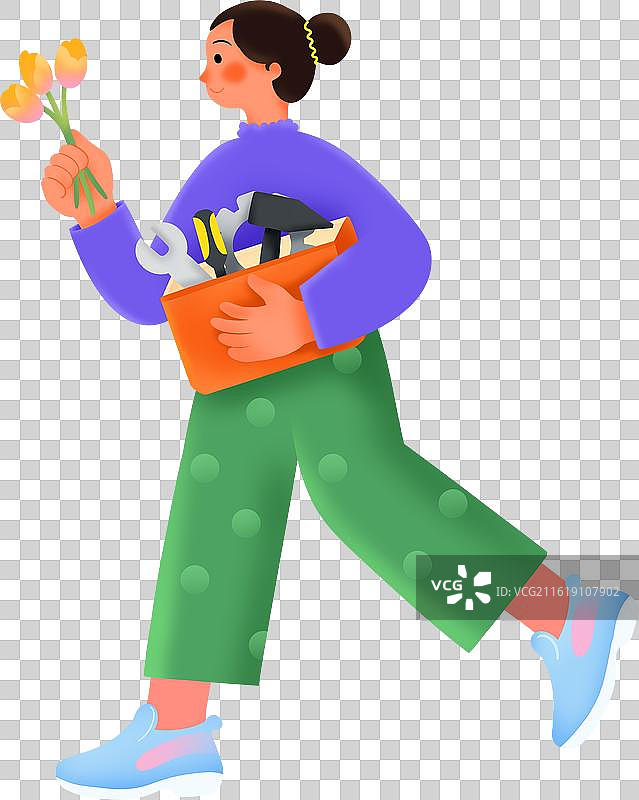 妇女节一位拿着花束的技术女性清新渐变插画图片素材