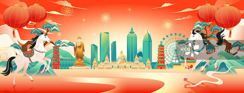 国风2026马年春节新年无锡城市建筑矢量插画图片素材