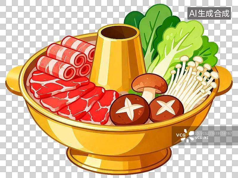 【AI数字艺术】铜锅火锅蔬菜金针菇蘑菇肥牛涮羊肉免扣元素图片素材