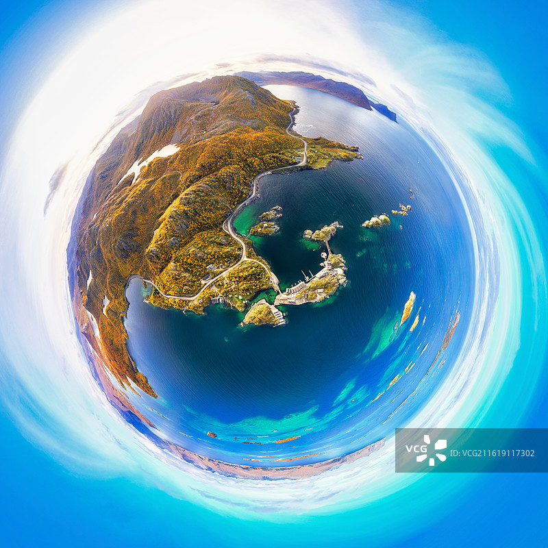 北欧，北地，特罗姆斯郡Tromsø，塞尼亚岛Senja，Bergsøyan，珊瑚礁群岛，小行星，航拍图片素材