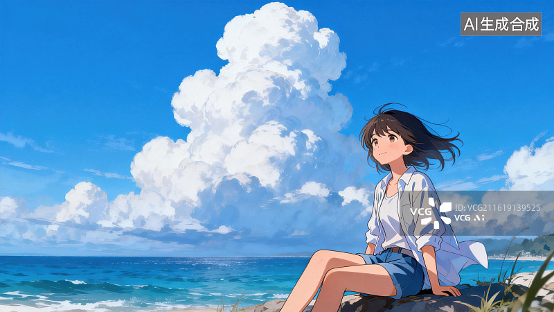 【AI数字艺术】少女海边静坐望云图片素材