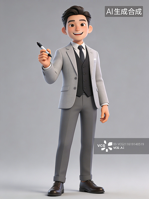 【AI数字艺术】年轻男性，面带微笑，手持笔，身穿灰色西装黑色背心白衬衫，搭配黑色皮鞋，显得专业且自信图片素材