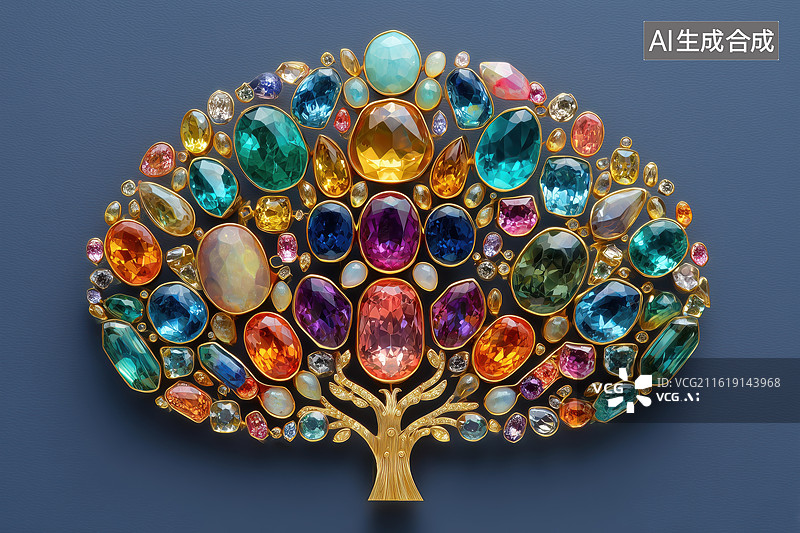 【AI数字艺术】黑背景生长着发光彩色宝石树叶的3D卡通大树图片素材