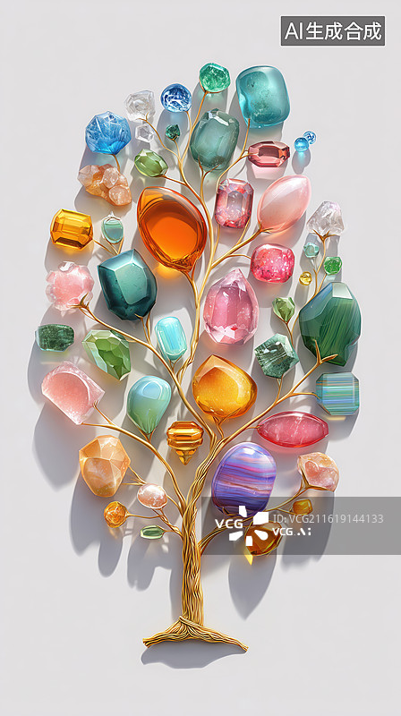 【AI数字艺术】黑背景生长着发光彩色宝石树叶的3D卡通大树图片素材