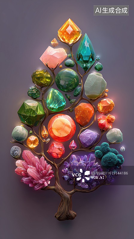【AI数字艺术】黑背景生长着发光彩色宝石树叶的3D卡通大树图片素材