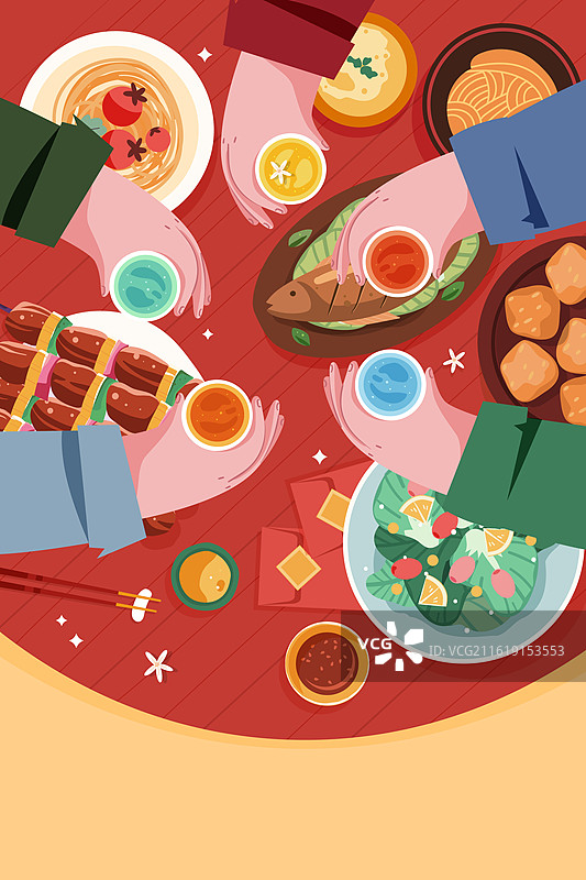 卡通新年春节吃饭聚餐年货节家人团圆饭年夜饭除夕吃席庆祝美食餐饮电商消费中国风国潮矢量插画图片素材