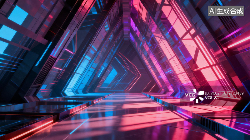 【AI数字艺术】霓虹三角隧道科幻场景图片素材