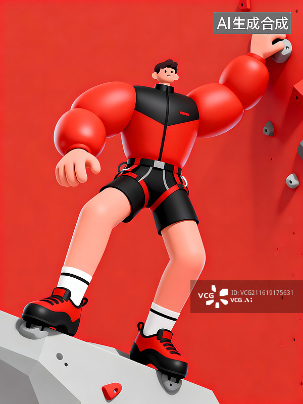 【AI数字艺术】红黑装束男子攀岩墙动作特写图片素材