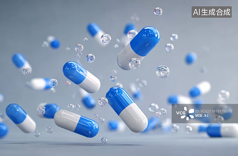 【AI数字艺术】蓝色白色胶囊在气泡中悬浮的动态场景图片素材