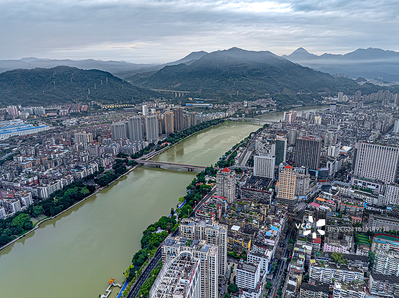 沙溪河梅列大桥 天玺大厦 江滨新村 三明市三线建设城市风光 戴云山武夷山脉丘陵峡谷阶地河流地形图片素材