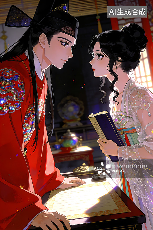 【AI数字艺术】古风男女对视书卷场景图片素材