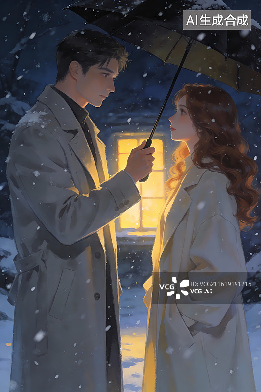 【AI数字艺术】雪夜伞下深情对望图片素材