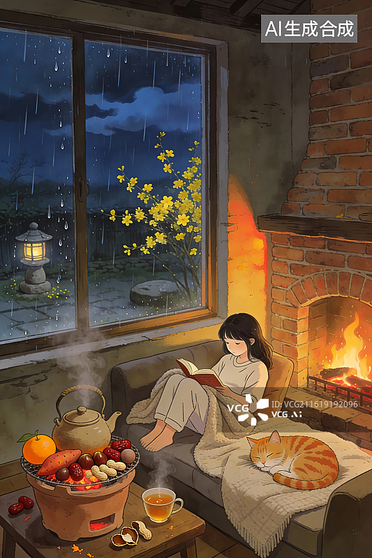 【AI数字艺术】雨夜窗边阅读的温馨场景图片素材