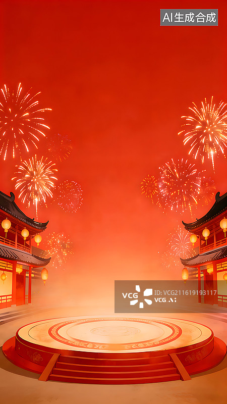 【AI数字艺术】欢乐喜庆红色调中式舞台背景图片素材