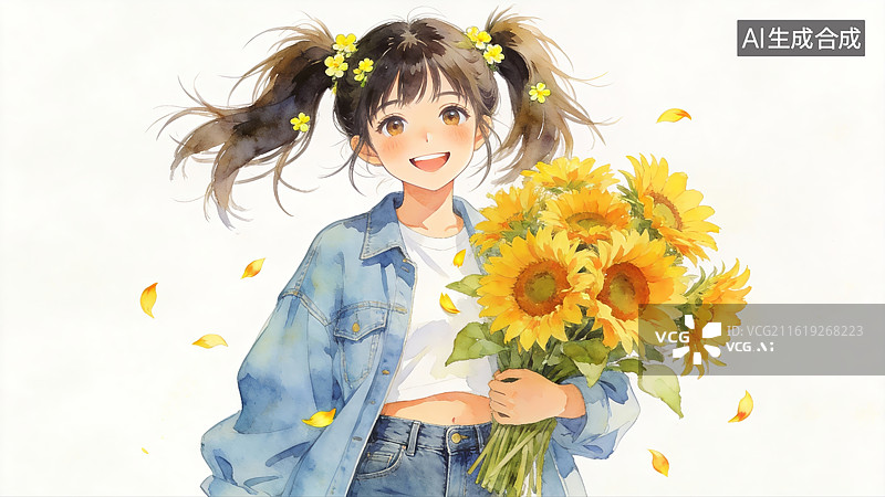 【AI数字艺术】女孩手捧向日葵花束图片素材