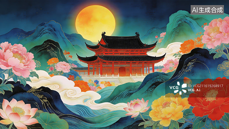 【AI数字艺术】月下古亭花海图图片素材