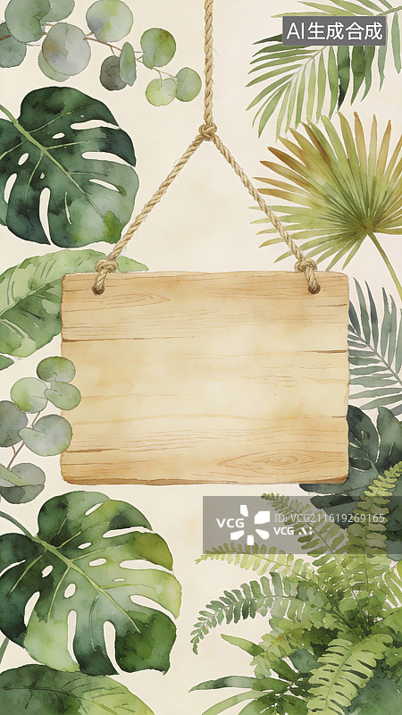 【AI数字艺术】悬挂木牌与热带植物背景图片素材