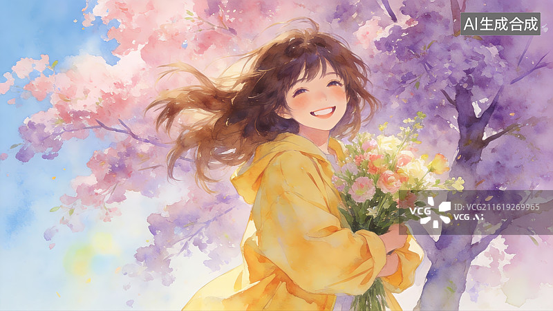 【AI数字艺术】少女手持花束在樱花树下图片素材