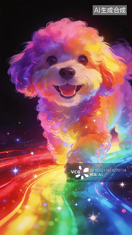 【AI数字艺术】彩虹毛发小狗奔跑于光轨图片素材